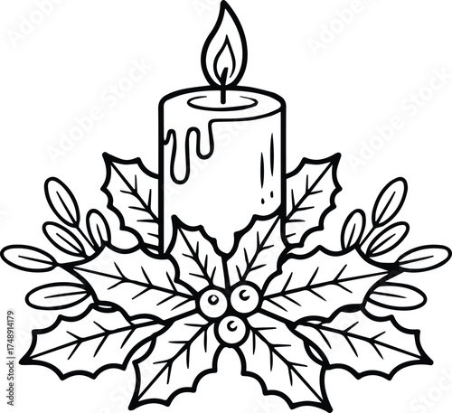 Christmas Candle with Holly Leaves and Berries Outline Illustration