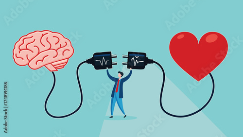 heart and brain connection, align your heart and brain, control feeling and emotion with logical thinking brain, man connect plug with heart to brain concept vector illustration with flat style design