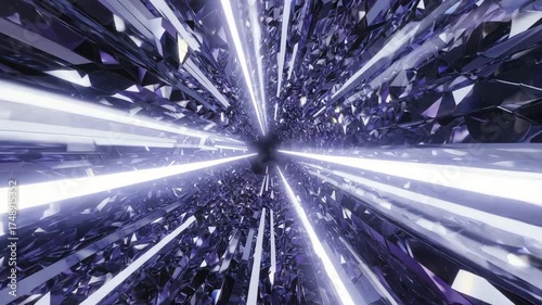 Abstract futuristic hyperspace tunnel traveling through a shimmering violet and mirrored diamond crystal structure background.