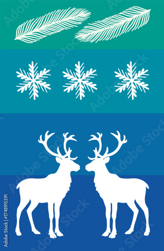 Christmas card with two pine leaves, three snowflakes and two reindeer with green and blue background.