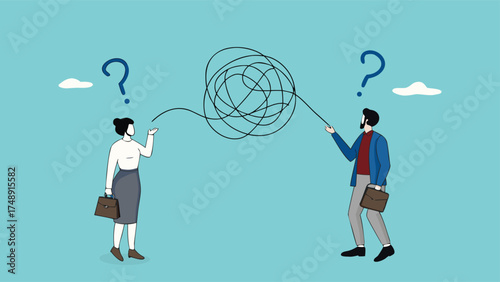 Communication problem or conflict opinion, misunderstanding or confusion, dissent or miscommunication concept, two confused work partners communicating with messy lines

