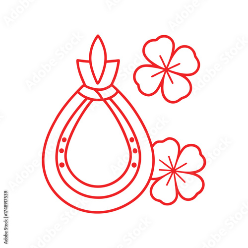 Red Outline of a Lucky Horseshoe and Two Flowers on White Background fortune good luck