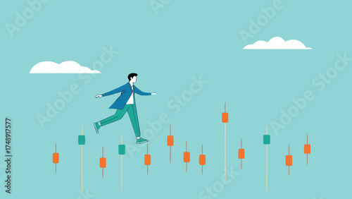 navigating stock market volatility, Financial investment volatility, identify stock market or cryptocurrency market risks, businessman investor walks carefully past investment bar chart

