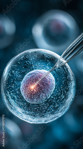 Close-up macro image of a human ovum in a petri dish with a fine needle prepared for IVF treatment, symbolizing fertility, life creation, medical innovation, and scientific precision.