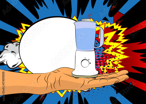 Cartoon, comic book human hands holding Food Blender. Retro vector comics pop art design.
