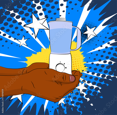 Cartoon, comic book human hands holding Food Blender. Retro vector comics pop art design.