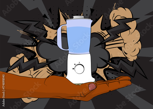 Cartoon, comic book human hands holding Food Blender. Retro vector comics pop art design.