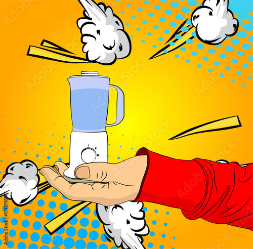 Cartoon, comic book human hands holding Food Blender. Retro vector comics pop art design.