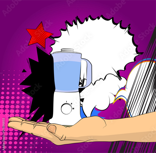 Cartoon, comic book human hands holding Food Blender. Retro vector comics pop art design.