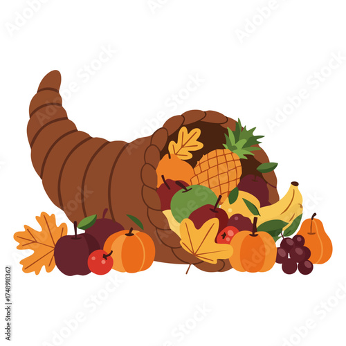 A cornucopia overflowing with colorful fruits leaves and a pineapple