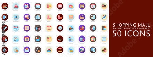 Shopping and Mall rounded color icons set. contain fashion, electronics, food court, shopping bag, food wear, fragrance, grocery, payment, jewelry and more. Vector for UI, UX kit, web, app development