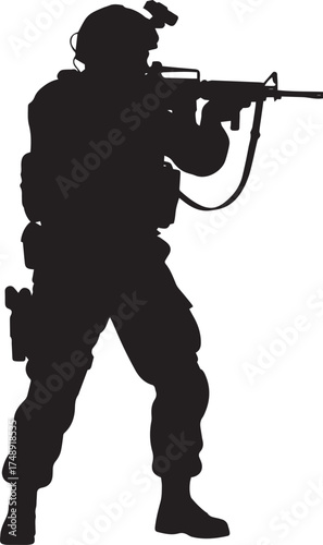 Silhouette of a soldier or special forces operator in tactical gear, aiming a rifle.
