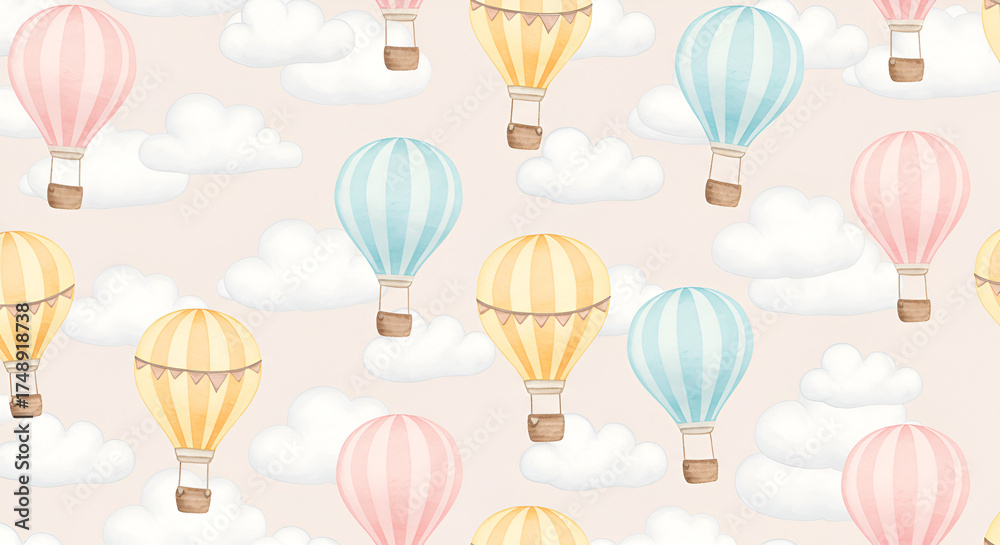Watercolor hot air balloon pattern on pastel background, dreamlike wallpaper concept