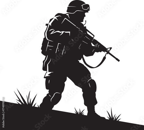 Silhouette of a soldier or special forces operator in full tactical gear, moving cautiously up a grassy incline with a rifle.