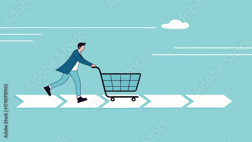 customer journey, analysis of marketing or advertising strategies, customer experience in purchasing products, man pushing shopping cart on customer journey path

