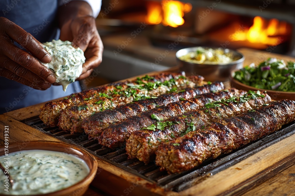 Naklejka premium Delicious grilled sausages served on a wooden platter