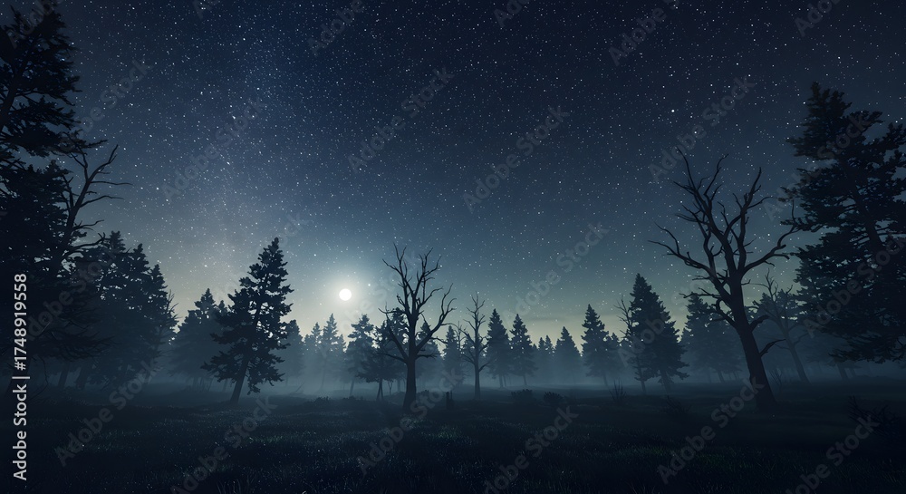 Fototapeta premium Night Forest Scene with Starry Sky and Bright Moonlit Trees