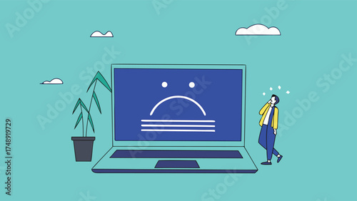 computer outage or blue screen error, common computer problem or server down, incorrect software update, operating system crash or cyber attack, confused people with computer blue screen error

