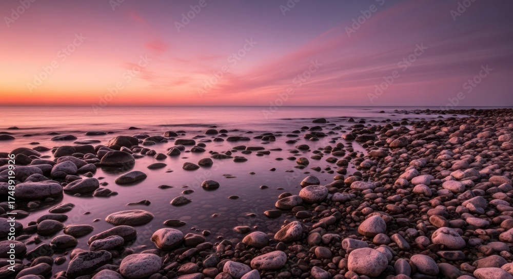 Obraz premium A serene rocky shoreline at sunset with vibrant pink and purple hues painting the sky and reflecting on the calm water, creating a tranquil and picturesque natural landscape