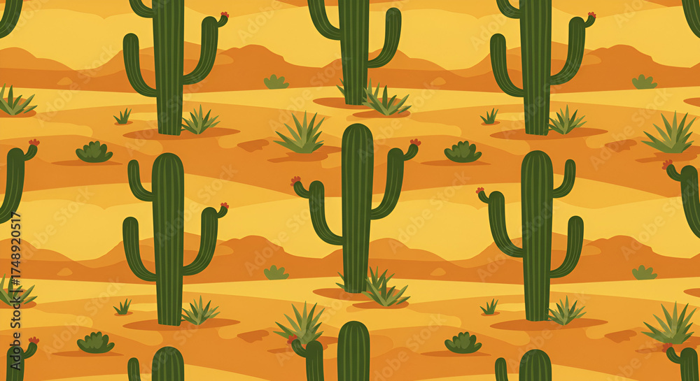 Seamless pattern with desert landscape and cactus plants in the hot desert of Mexico