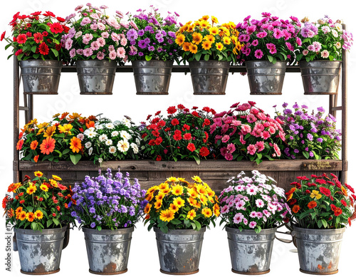 A display of colorful flower pots on a rustic wooden shelving unit