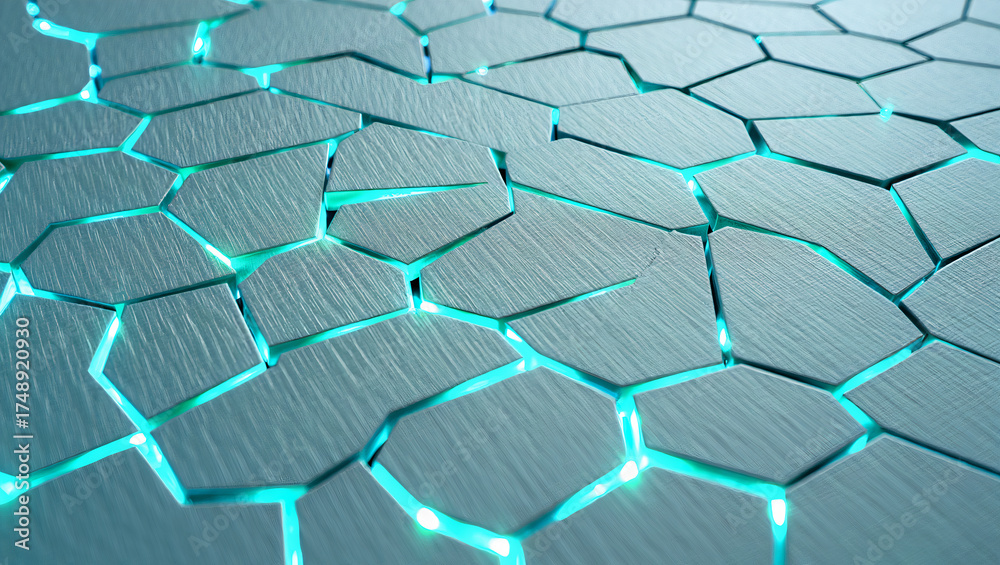 Fototapeta premium Abstract Hexagonal Surface With Glowing Cyan Light In The Cracks background texture