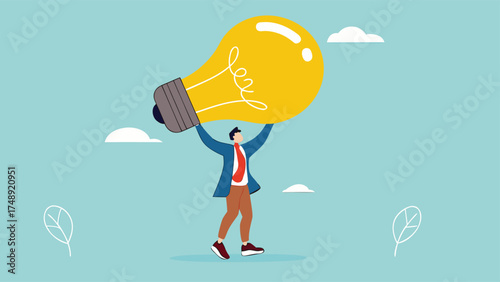 businessman bring big light bulb idea for new product idea or business opportunity, finding new idea, creativity or innovation to create new product, solution to solve problem or fix mistake concept

