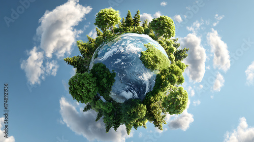 A tiny forested planet orb surrounded by lush trees floats under a bright sky with clouds. sunny day