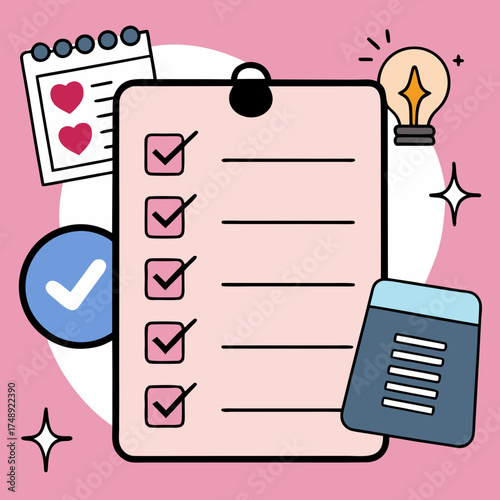 Illustrated checklist with checkmarks on a pink background