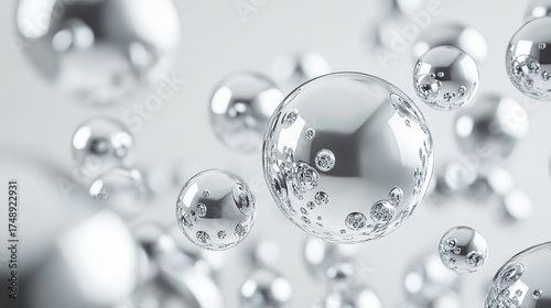 Close-up of white, gold, silver exosome particles in transparent spheres, symbolizing biotechnology, cosmetology, and trichology with a modern minimalist bright design.
