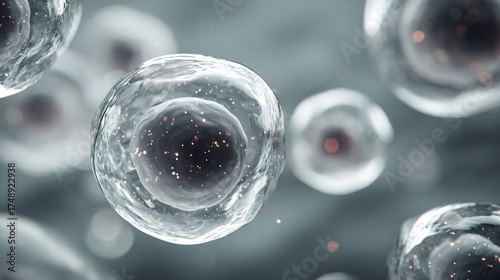 Close-up of white, gold, silver exosome particles in transparent spheres, symbolizing biotechnology, cosmetology, and trichology with a modern minimalist bright design.
