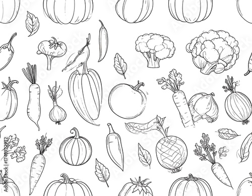 A repeating pattern design showcasing various vegetables, including pumpkins, carrots, tomatoes, onions, peppers, and leaves, in a black and white line drawing style.