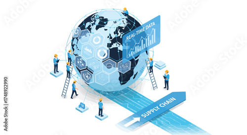 Workers collaborate on global supply chain management with digital technology and data analysis for efficient logistics and worldwide business operations.