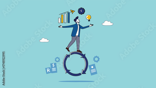 build good work habits with several skills, habitual procedures leading to business or career success, discipline or working efficiency, business people carry out work with a circle of good work habit