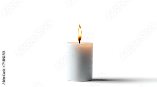 A single lit candle rests on a white surface, casting a soft shadow and warm glow, serene. calm now