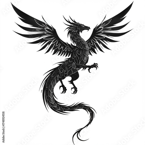Majestic Winged Dragon Vector – Fantasy Mythical Creature Black Silhouette Illustration