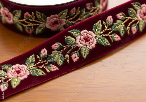 Luxurious velvet ribbon detailed with intricate floral embroidery design