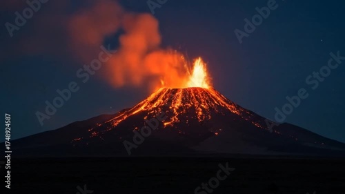 Erupting volcano with glowing lava and smoke at night