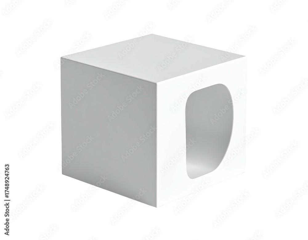 Fototapeta premium White cube with a curved rectangular hole cut out on one side, isolated on black