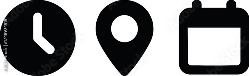 Time location and date black icons for web and mobile applications planning scheduling and reminders simple line drawing