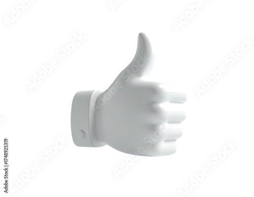 Rendered three-dimensional thumbs up gesture, white color, on a solid black background