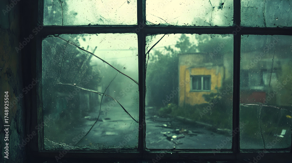 Naklejka premium Broken window view of misty abandoned street