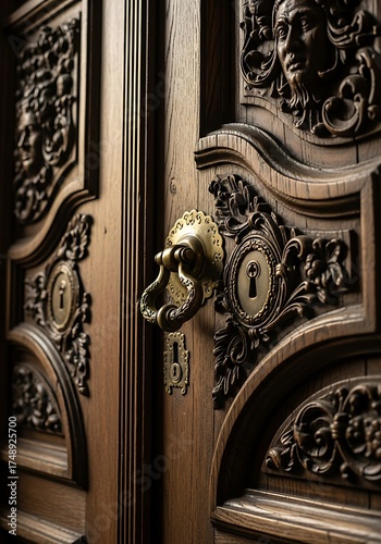 Ornate wooden door showcasing historical craftsmanship and intricate detail