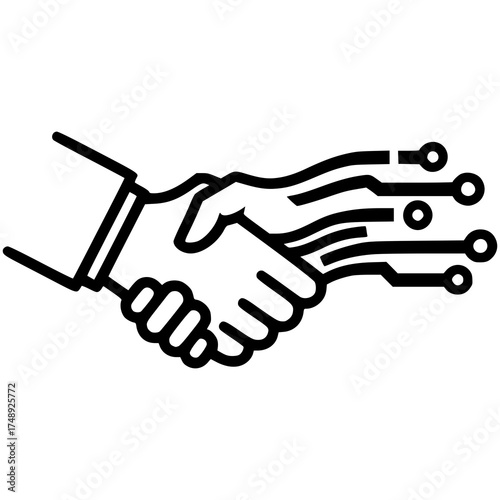 Digital Deal: A symbolic illustration representing a fusion of human interaction and technological innovation, where hands intertwine in a gesture of agreement and partnership.