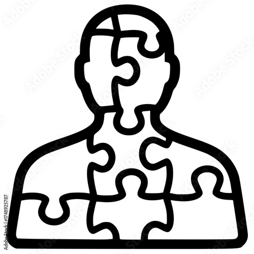 Human Mind Puzzle: A simple yet profound illustration showing a human figure formed from jigsaw puzzle pieces, representing the complexities and interconnectedness of the human mind.