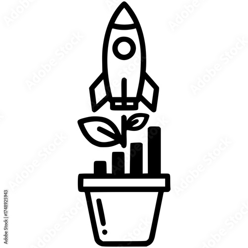 Growth Trajectory: A dynamic vector illustration shows a rocket launching from a pot, with the graphic of a bar chart growing with the sprout from pot , suggesting concepts of innovation, development.
