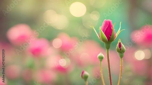 A single pink flower with a green stem is the main focus of the image