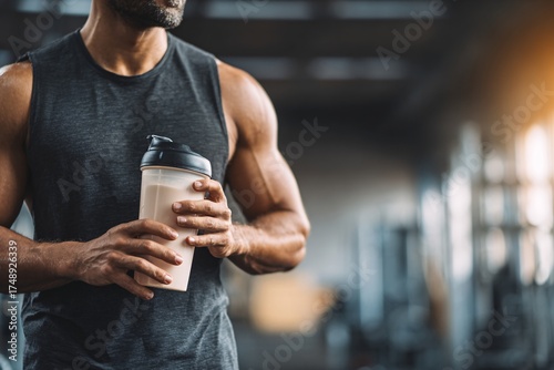 Fit man drinking protein shake from shaker bottle at gym, post workout recovery and sports nutrition.