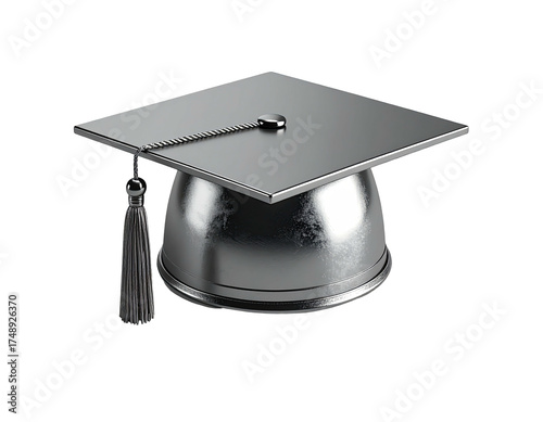 Shiny silver mortarboard cap isolated on black, with a tassel