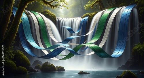 Serene waterfall interwoven with flowing ribbons of green, white, and blue in a vibrant forest landscape